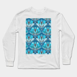 Art Deco Lotus Rising - black, teal & turquoise pattern Long Sleeve T-Shirt